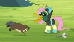 Size: 1067x600 | Tagged: background pony, beaver, bunny ears, clothes, costume, dangerous mission outfit, disguise, duck, edit, edited screencap, flutterduck, fluttershy, goggles, hoodie, magic duel, op is fluttershy, safe, screencap