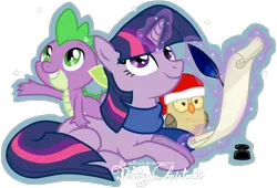 Size: 1310x890 | Tagged: safe, artist:ravenevert, derpibooru import, owlowiscious, spike, twilight sparkle, dragon, owl, unicorn, clothes, glowing horn, hat, magic, prone, quill, santa hat, scarf, scroll, simple background, snow, snowfall, telekinesis, transparent background, unicorn twilight