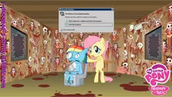 Size: 1280x721 | Tagged: grimdark, artist:hotdiggedydemon, derpibooru import, editor:i-shooped-a-pwny, fluttershy, rainbow dash, pony, .mov, bipedal, blood, chainsaw, dead, death, female, fluttershed, mare, shed, tongue out, x eyes