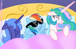 Size: 900x580 | Tagged: aftersex, artist:equestria-prevails, bed, double facehoof, edit, editor:i-shooped-a-pwny, facehoof, implied sex, princess celestia, princess luna, rainbow dash, ruined for marriage, s1 luna, shame, suggestive, sunglasses