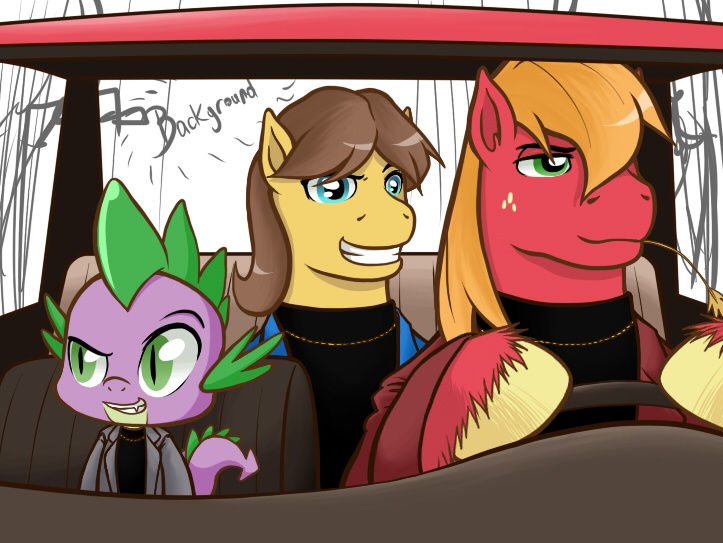 Size: 723x543 | Tagged: safe, artist:redhotkick, derpibooru import, big macintosh, caramel, spike, earth pony, pony, ask big red macintosh, caramel is awesome, male, night at the roxbury, stallion, what is love