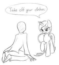 Size: 458x500 | Tagged: suggestive, artist:fajeh, derpibooru import, lyra heartstrings, oc, oc:anon, human, pony, bedroom eyes, clothes, femdom, human fetish, kneeling, mouth hold, pants, raised hoof, shirt, speech bubble, whip