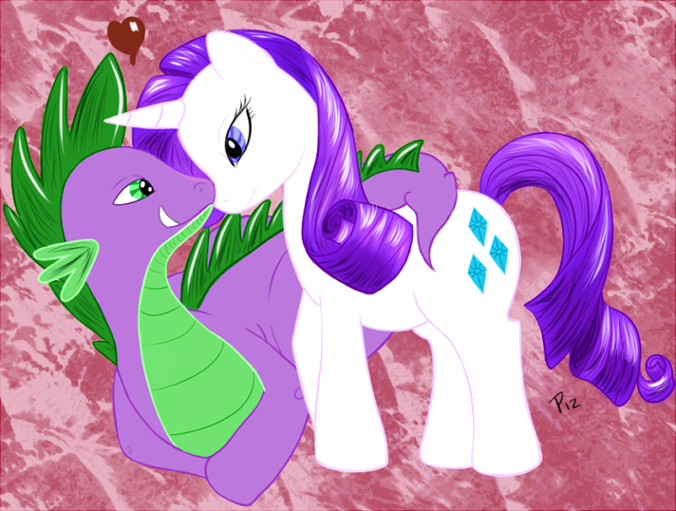 Size: 676x511 | Tagged: safe, artist:penwyn, derpibooru import, rarity, spike, ponified, female, interspecies, male, shipping, sparity, straight, tusk