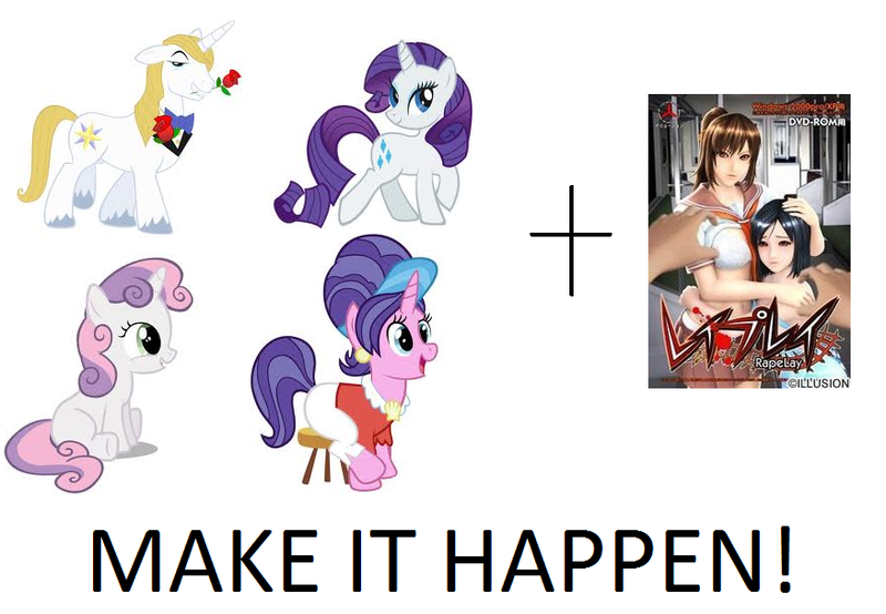 Size: 876x607 | Tagged: all caps, blueabuse, breasts, cookie crumbles, derpibooru import, exploitable meme, grimdark, hentai game, make it happen, meme, prince blueblood, questionable, rapelay, rarity, sweetie belle