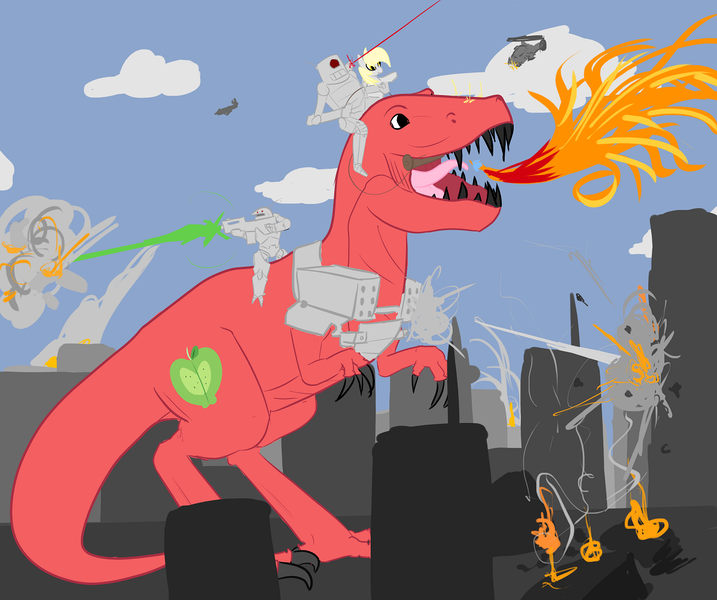 Size: 1199x1003 | Tagged: artist:fribox, big macintosh, derpibooru import, derpy hooves, dinosaur, ponies riding dinosaurs, robot, safe, species swap, tyrannosaurus rex, wat