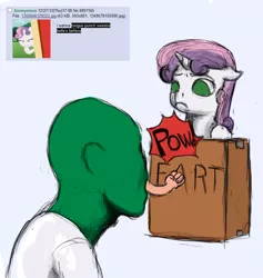 Size: 854x900 | Tagged: safe, artist:ratchieftain, derpibooru import, sweetie belle, oc, oc:anon, pony, 4chan, box, fart, floppy ears, frown, literal, unamused, wat