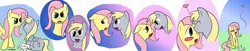 Size: 1500x304 | Tagged: safe, artist:caluriri, artist:pacce, derpibooru import, angel bunny, derpy hooves, fluttershy, pegasus, pony, blushing, comic, derpyshy, female, kissing, lesbian, mare, shipping, the stare