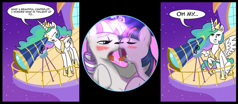 Size: 1580x691 | Tagged: suggestive, artist:madmax, artist:megasweet, derpibooru import, edit, princess celestia, twilight sparkle, twilight velvet, alicorn, pony, unicorn, blushing, comic, drool, drool string, exploitable meme, female, horngasm, incest, lesbian, mare, meme, mother and daughter, sloppy kissing, telescope meme, twicest, velvet sparkle, wat, yaranaika