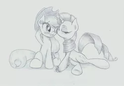 Size: 995x698 | Tagged: safe, artist:skyline14, derpibooru import, applejack, rarity, blushing, color me, female, kissing, lesbian, rarijack, shipping, sketch