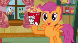 Size: 1280x717 | Tagged: safe, derpibooru import, editor:i-shooped-a-pwny, derpy hooves, rainbow dash, scootaloo, chicken, pegasus, pony, female, implied cannibalism, implied vore, kfc, mare, micro, scootachicken