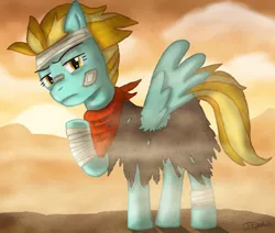 Size: 1024x870 | Tagged: aftermath, artist:mysteryezekude, bandage, bandana, cloak, clothes, derpibooru import, desert, lightning dust, safe, sunset, wonderbolts academy