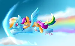 Size: 1800x1100 | Tagged: artist:darkdragon59, ponies riding ponies, rainbow dash, riding, safe, scootaloo