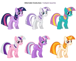 Size: 3100x2500 | Tagged: safe, artist:pika-robo, artist:ryoki-fureaokibi, derpibooru import, dewdrop dazzle, twilight sparkle, twilight twinkle, twilight velvet, pony, rapidash, unicorn, alternate costumes, female, g1, g1 to g4, g3, g3 to g4, g4, generation leap, mare, palette swap, raised hoof, recolor, simple background, transparent background, unicorn twilight, vector