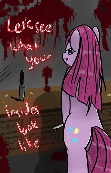 Size: 1280x2000 | Tagged: dead source, grimdark, artist:blakheart741, derpibooru import, pinkie pie, anthro, earth pony, semi-anthro, bipedal, blood, knife, pinkamena diane pie