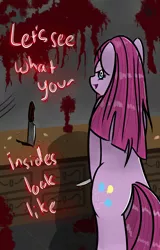 Size: 1280x2000 | Tagged: dead source, grimdark, artist:blakheart741, derpibooru import, pinkie pie, anthro, earth pony, semi-anthro, bipedal, blood, knife, pinkamena diane pie