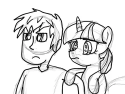 Size: 1024x768 | Tagged: safe, artist:xxmobianequinexx, derpibooru import, twilight sparkle, human, pony, unicorn, bipedal, concept art, david, duo, female, frown, grayscale, looking at you, male, mare, monochrome, simple background, sketch, untitled cgi fan film, white background