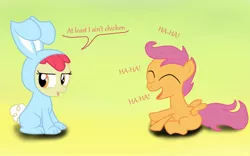 Size: 1440x900 | Tagged: apple bloom, artist:bpie, bunny bloom, bunny costume, clothes, derpibooru import, laughing, safe, scootaloo