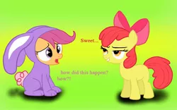 Size: 1440x900 | Tagged: apple bloom, artist:bpie, bunny costume, bunnyloo, clothes, derpibooru import, safe, scootaloo