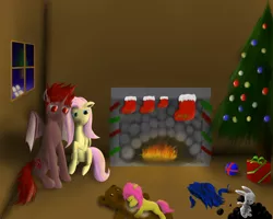 Size: 1600x1280 | Tagged: safe, artist:jasonthedemon, derpibooru import, angel bunny, fluttershy, oc, oc:daemon, oc:firefly, original species, bat wings, canon x oc, christmas stocking, christmas tree, coal, female, fireplace, hearth's warming, male, offspring, parent:fluttershy, parent:oc:daemon, parents:canon x oc, present, shipping, straight, tree