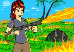 Size: 1073x745 | Tagged: artist:glue123, burning, crossover, derpibooru import, fallout equestria, far cry 3, fire, flamethrower, humanized, jason brody, oc, oc:blackjack, safe, solo, tattoo, unofficial characters only, weapon