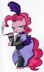 Size: 704x1136 | Tagged: artist:thedarklordkeisha, bedroom eyes, cigarette, cigarette holder, clothes, derpibooru import, dress, pinkie pie, safe, saloon dress, saloon pinkie, smoking