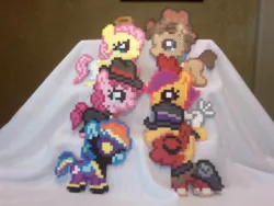 Size: 640x480 | Tagged: safe, derpibooru import, big macintosh, doctor whooves, fluttershy, rainbow dash, scootaloo, time turner, earth pony, pony, animal costume, chicken suit, clothes, costume, craft, irl, male, perler beads, photo, stallion