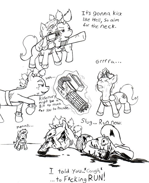 Size: 2353x2884 | Tagged: artist:demon-keychain, comic, comic:raider and kid, derpibooru import, fallout equestria, grimdark, monochrome, oc, oc:bullet holes, oc:slug, raider, traditional art, unofficial characters only