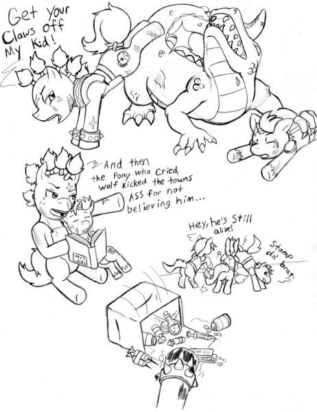 Size: 2400x3114 | Tagged: artist:demon-keychain, comic, comic:raider and kid, derpibooru import, fallout equestria, grimdark, monochrome, oc, oc:bullet holes, oc:slug, raider, traditional art, unofficial characters only