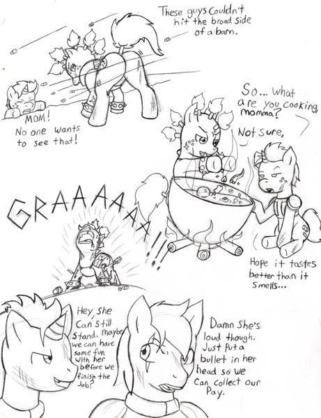 Size: 749x975 | Tagged: artist:demon-keychain, comic, comic:raider and kid, derpibooru import, fallout equestria, grimdark, monochrome, oc, oc:bullet holes, oc:slug, raider, traditional art, unofficial characters only