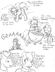 Size: 749x975 | Tagged: artist:demon-keychain, comic, comic:raider and kid, derpibooru import, fallout equestria, grimdark, monochrome, oc, oc:bullet holes, oc:slug, raider, traditional art, unofficial characters only