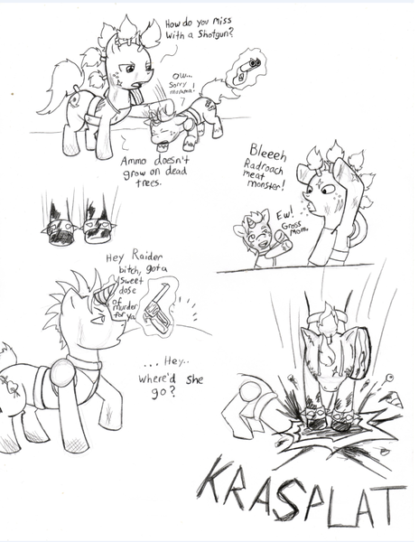 Size: 758x981 | Tagged: artist:demon-keychain, comic, comic:raider and kid, derpibooru import, fallout equestria, grimdark, monochrome, oc, oc:bullet holes, oc:slug, raider, source needed, traditional art, unofficial characters only