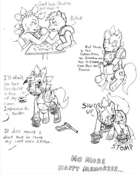 Size: 758x943 | Tagged: artist:demon-keychain, comic, comic:raider and kid, derpibooru import, fallout equestria, grimdark, monochrome, my little pony: the movie (g1), oc, oc:bullet holes, oc:slug, raider, traditional art, unofficial characters only