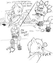 Size: 2514x3009 | Tagged: artist:demon-keychain, comic, comic:raider and kid, derpibooru import, fallout equestria, grimdark, monochrome, oc, oc:bullet holes, oc:slug, raider, traditional art, unofficial characters only, vulgar