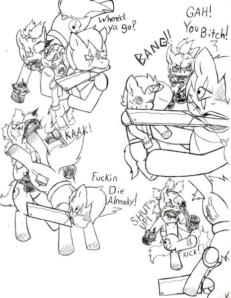 Size: 2538x3274 | Tagged: artist:demon-keychain, comic, comic:raider and kid, derpibooru import, fallout equestria, grimdark, monochrome, oc, oc:bullet holes, oc:slug, raider, traditional art, unofficial characters only, vulgar