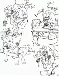 Size: 2538x3274 | Tagged: artist:demon-keychain, comic, comic:raider and kid, derpibooru import, fallout equestria, grimdark, monochrome, oc, oc:bullet holes, oc:slug, raider, traditional art, unofficial characters only, vulgar