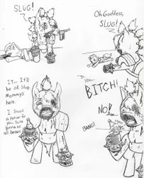 Size: 2520x3111 | Tagged: artist:demon-keychain, comic, comic:raider and kid, derpibooru import, fallout equestria, grimdark, monochrome, oc, oc:bullet holes, oc:slug, raider, traditional art, unofficial characters only, vulgar