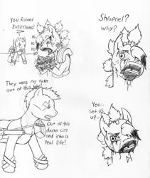 Size: 2520x2983 | Tagged: artist:demon-keychain, comic, comic:raider and kid, derpibooru import, fallout equestria, grimdark, monochrome, oc, oc:bullet holes, raider, traditional art, unofficial characters only