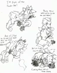 Size: 2544x3280 | Tagged: artist:demon-keychain, comic, comic:raider and kid, derpibooru import, fallout equestria, grimdark, monochrome, oc, oc:bullet holes, raider, traditional art, unofficial characters only