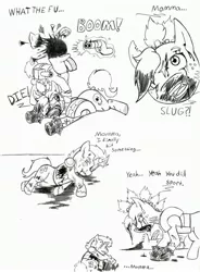 Size: 2408x3274 | Tagged: artist:demon-keychain, comic, comic:raider and kid, derpibooru import, fallout equestria, grimdark, monochrome, oc, oc:bullet holes, oc:slug, raider, traditional art, unofficial characters only