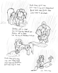 Size: 2491x3133 | Tagged: artist:demon-keychain, comic, comic:raider and kid, derpibooru import, fallout equestria, grimdark, hush now quiet now, monochrome, oc, oc:bullet holes, oc:slug, raider, traditional art, unofficial characters only