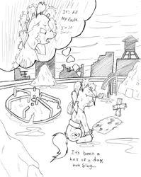 Size: 2491x3133 | Tagged: artist:demon-keychain, comic, comic:raider and kid, derpibooru import, fallout equestria, grimdark, monochrome, oc, oc:bullet holes, oc:slug, raider, traditional art, unofficial characters only