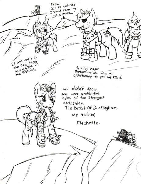Size: 2495x3243 | Tagged: artist:demon-keychain, comic, derpibooru import, fallout equestria, grimdark, grim galloper, monochrome, oc, oc:bullet holes, raider, second chances, traditional art, unofficial characters only