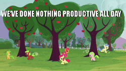 Size: 480x270 | Tagged: animated, apple bloom, apple family member, apple family reunion, apple flora, apple squash, babs seed, derpibooru import, filly, i have done nothing productive all day, image macro, red june, running, safe, sweet tooth, tree