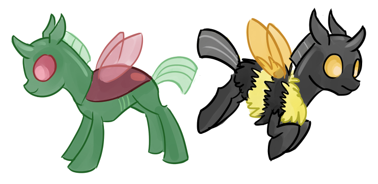 Size: 738x360 | Tagged: artist:starlight-gaze, artist:tiitha, bee, beeling, bumblebee, changedling, changeling, changeling oc, derpibooru import, duo, green changeling, hilarious in hindsight, oc, safe, simple background, unofficial characters only, white background, yellow changeling