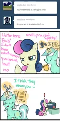 Size: 346x693 | Tagged: artist:bambooharvester, ask, bon bon, bon bon is not amused, comic, computer, derpibooru import, dialogue, lyra heartstrings, safe, sweetie drops, tumblr, unamused