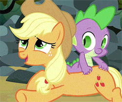 Size: 350x293 | Tagged: safe, derpibooru import, screencap, applejack, spike, dragon, earth pony, pony, spike at your service, animated, applespike, back scratching, butt touch, female, hand on butt, male, mare, massage, petting, scratching, shipping, shipping fuel, straight, tickling