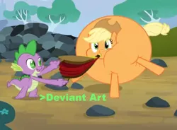 Size: 1307x964 | Tagged: safe, derpibooru import, edit, edited screencap, screencap, applejack, spike, dragon, earth pony, pony, spike at your service, bellows, caption, female, inflation, male, mare