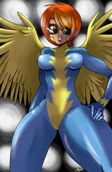 Size: 1500x2300 | Tagged: abstract background, artist:damaximos, breasts, clothes, derpibooru import, form fitting, human, humanized, skintight clothes, spitfire, suggestive, sunglasses, winged humanization, wings, wonderbolts uniform