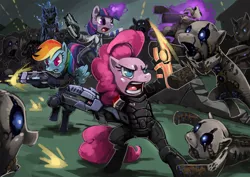 Size: 877x620 | Tagged: safe, artist:bittenhard, derpibooru import, pinkie pie, rainbow dash, twilight sparkle, pony, armor, bipedal, crossover, fight, glare, husk, mass effect, n7 armor, omni-blade, omni-tool, open mouth, weapon, yelling