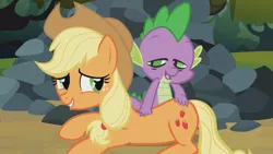 Size: 1152x648 | Tagged: safe, derpibooru import, screencap, applejack, spike, dragon, earth pony, pony, spike at your service, back scratching, butt touch, female, hand on butt, male, mare, massage, out of context